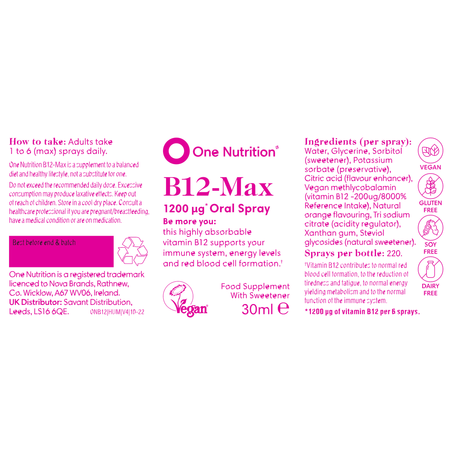 One Nutrition Purškiamas vitaminas B12 - Max, 1200µg (Oral Spray)