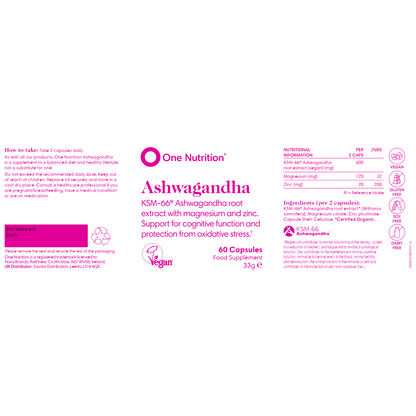 One Nutrition KSM-66® Ašvagandos (Ashwagandha) šaknų ekstraktas su magniu ir cinku.