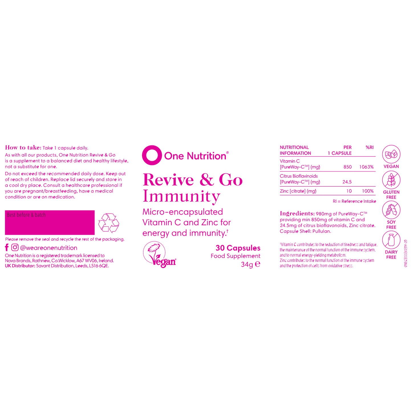 One Nutrition Revive & Go Immunity Vitaminas C ir Cinkas 30 kapsulių